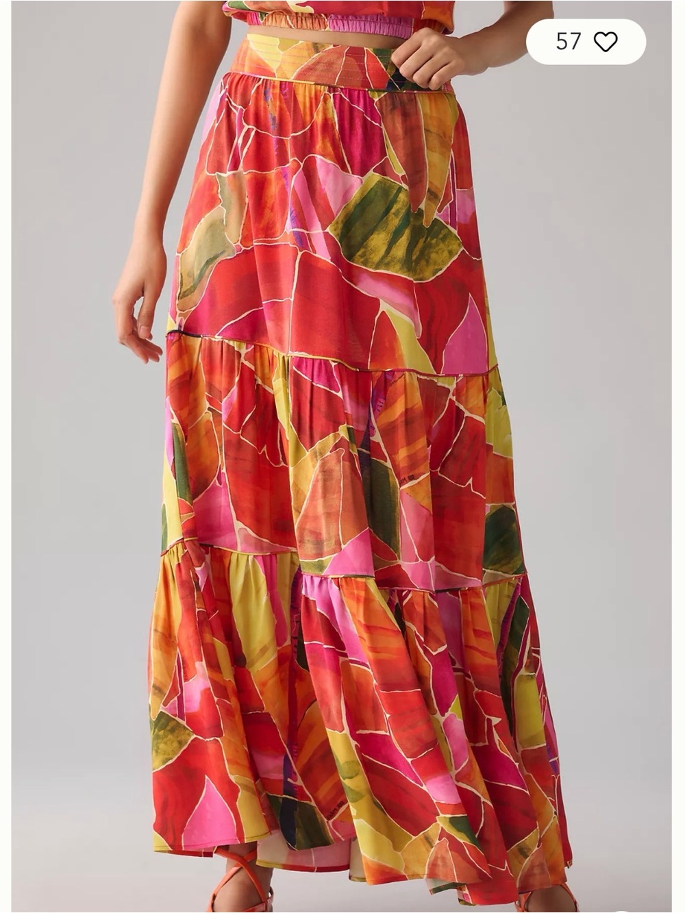 FARM Rio Coral Pink & Lime Abstract Tiered Maxi Skirt